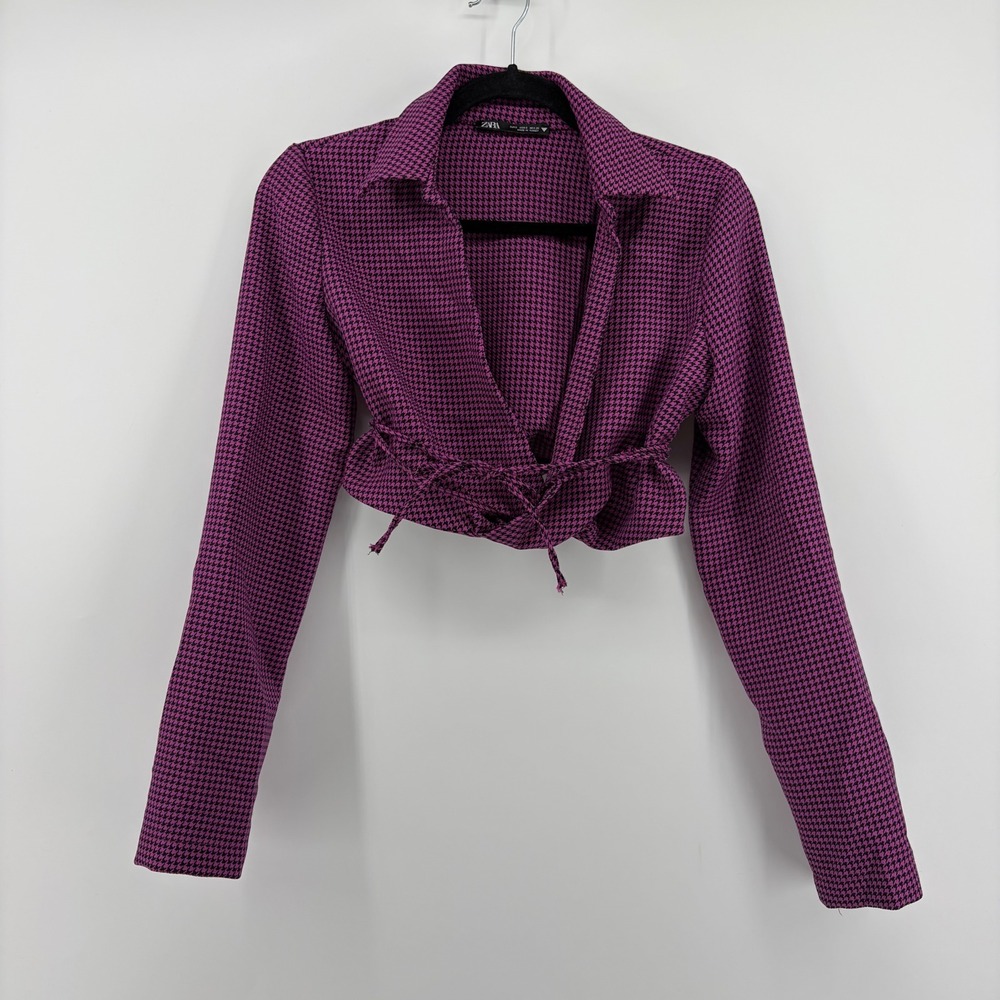 ZARA Purple Black Houndstooth Cropped Blouse Long Sleeve Tie Front Women Size S